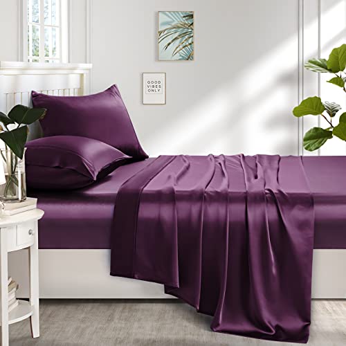 Lanest Housing Silk Satin Sheets, Queen Size Satin Bed Sheet Set with Deep Pockets, Cooling Soft and Hypoallergenic Satin Sheets Queen - Purple