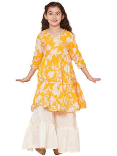 Image of Bitiya by Bhama Girls Yellow Floral Printed Angrakha Gotta Patti Pure Cotton Kurta with Sharara(TKS133)