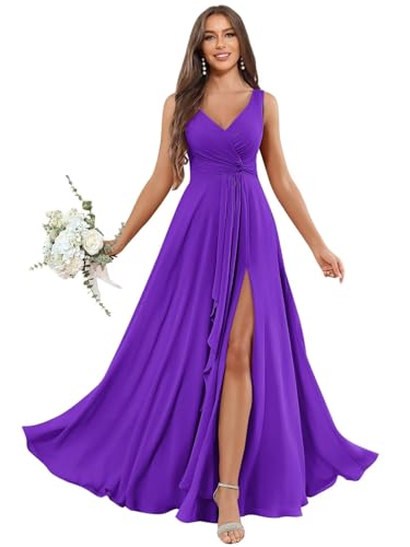 Women's V Neck Chiffon Bridesmaid Dresses with Slit Ruffle Long Pleated Formal Wedding Guest Dress
