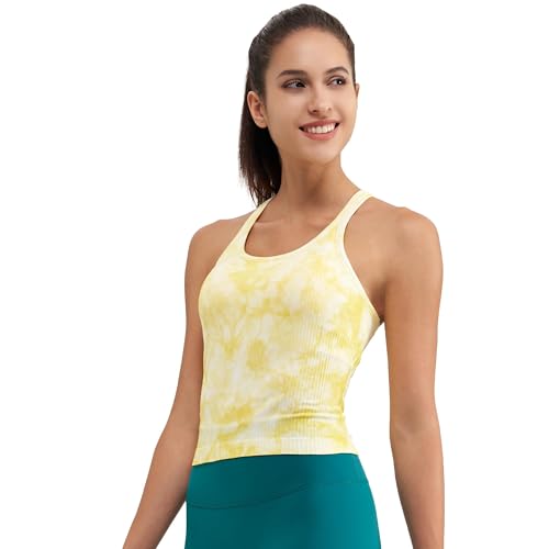 sphinx cat Womens Ribbed Workout Crop Tops with Built in Bra Yoga Racerback Tank Top Slim Fit Lemon-Yellow M