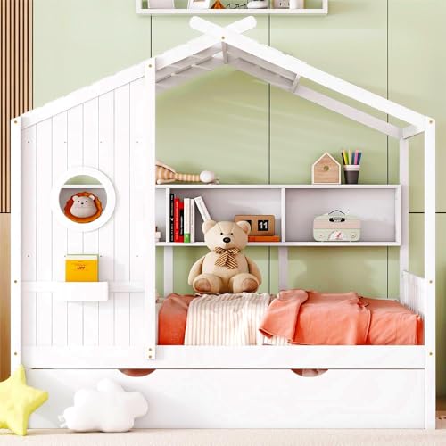 Image of Full Size House Bed with Roof and Window for Kids, Wooden Playhouse Bed with Storage Shelves and Trundle for Bedroom Furniture Girls & Boys (White /T2)