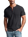 Henley Shirts for Men Short Sleeve Waffle-Knit Casual 3 Button T-Shirt Regular-Fit(Charcoal Grey,Large)