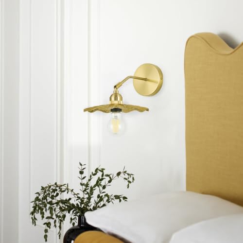 Image of PASSICA DECOR Hardwired Wall Sconces Set of Two 2 Pack 180 Degree Adjustable Vintage Metal lamp with Gold Finished,Shade with Veins Pattern Wall Lighting Fixture for Bedroom Vanity Farmhouse