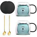 Arawat Doppelwandige Gläser Süß Bär Tassen 2 Set Cute Kaffeegläser Kaffeetasse mit Henkel Teegläser mit Löffel & Untersetzer Kaffeebecher Cappuccino Gläser Teetasse Espressotassen Geburtstag Geschenk