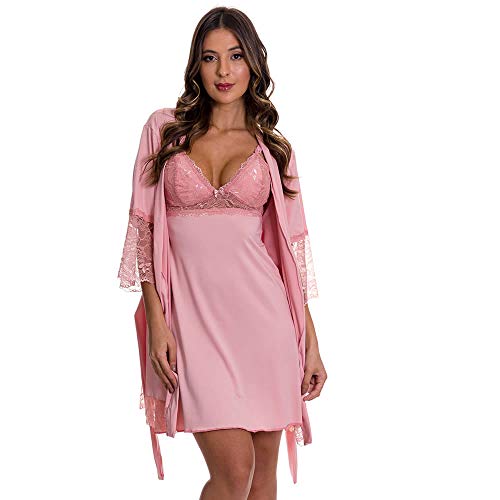 Camisola Amamentação com Robe de Manga 7/8 em Microfibra e Renda - DR202-301