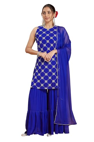 Image of Janasya Women's Royal Blue Georgette Zari Embroidered Straight Kurta with Sharara & Dupatta Set