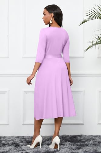 Image of CLOCOR Midi Dresses for Women Casual A-Line Fit and Flare Dress Crewneck 3 /4 Sleeve Keyhole Cocktail Party Church Dress