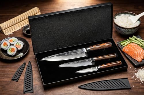 Foto von Wolfblood 3er Damastmesser Set (32, 26 und 20cm) TÜV geprüfter 62 HRC Damaststahl aus 67 Lagen I Damast Küchenmesser Set mit Chefmesser Officemesser Klingenschutz & Geschenkbox