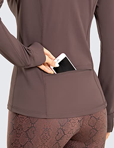 CRZ YOGA Women\'s Brushed Full Zip Hoodie Jacket Sportswear Hooded Workout Track Running Jacket with Zip Pockets Purple Taupe Medium
