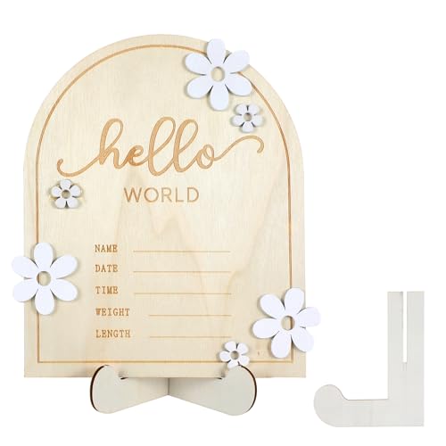 Image of Wooden Hello World Newborn Sign Baby Announcement Sign for Baby Showers Daisy Newborn Birth Announcement Board Welcome Darling Shower Gifts for Hospital Nursery with Photo Frame and Stand