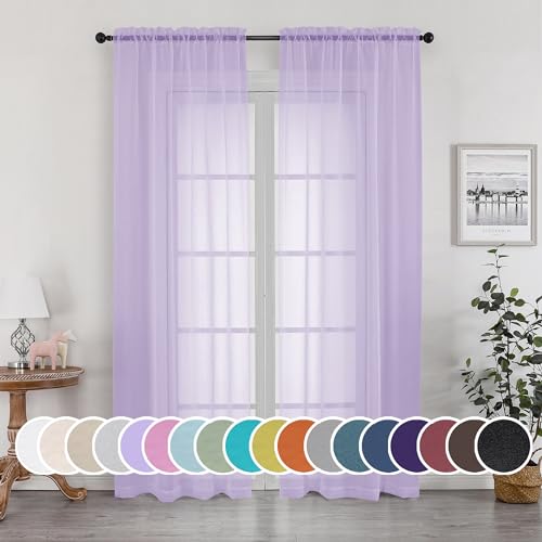 OWENIE Light Purple Sheer Curtains 90 Inches Long 2 Panels Set for Living Room Bedroom, Light Filtering Rod Pocket Clear Sheer Curtain 2Pcs, Each 42" W x 90" L,Lavender