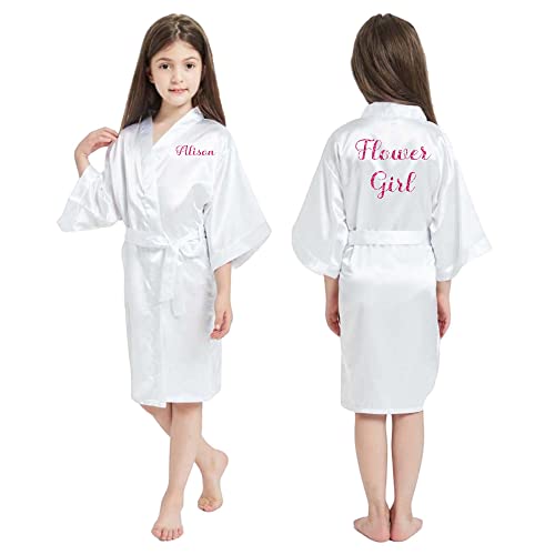 Cute Satin Personalized Robes for Girls in Sizes 3T – 14, Flower Girl Robe, Pretty Girl Robes, Personalized Robes for Toddlers thru Age 13, Girls, White, 8/10