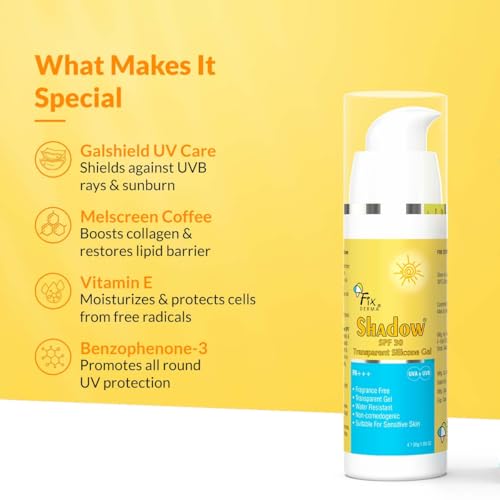 Image of Fixderma Shadow Sunscreen SPF 30 PA+++ Transparent Silicone Gel | For Acne prone and Sensitive Skin | Light Weight, Oil-Free & Water Resistant | Non-Comedogenic Sunscreen | for Women & Men - 30gm