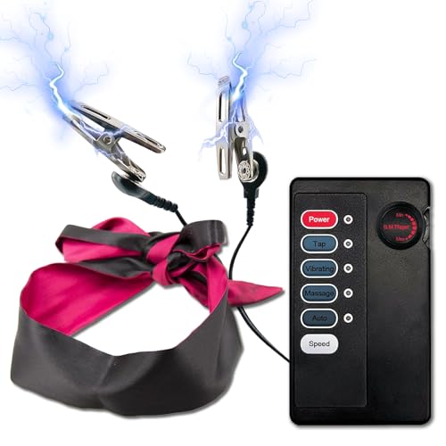 Electric Shock Nipple Clamps with Adjustable Current Strength Bondage Restraints Set Blindfold Handcuffs Silk Restraints BDSM Kit Clitoral Clips Nipple Clamps Massager Sex Toys for Couples Women Men