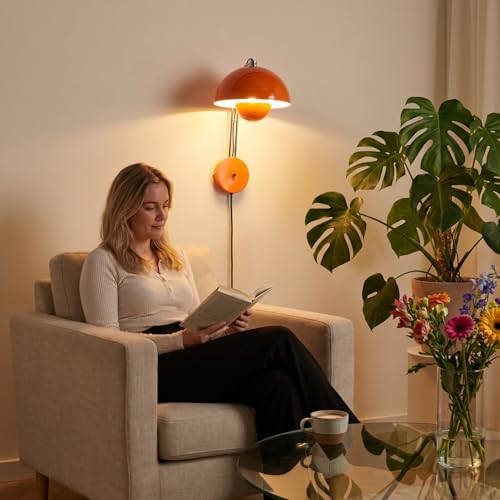 Image of Mid-Century Modern Bud Plug in Wall Sconces for Bedroom, Pastel Orange | Indirect lighting reading wall lamp, all-metal construction, plug-in or hardwired install, fits bedroom bedside, living room