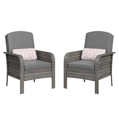 GarveeLife Patio Wicker Chairs Set of 2, Outdoor Rattan Dining Chairs with High Back & Deep Seating, All-Weather Wicker Armchairs for Deck Porch Balcony Backyard, Gray Gradient with Gray Cushions