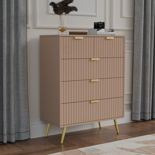 Image of Wooden Chest of Drawers | 5 Drawers Dresser Console Cabinet for Bedroom, Living Room, Drawing Room & Office | Multipurpose Sideboard Storage|HDMR Premium Wood & Iron(Taupe & Golden)