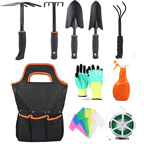 Yafei Garden Tools Set, 10 Piece Cast-Aluminum Heavy Duty Gardening Kit Includes Hand Trowel, Transplant Trowel and Cultivator Hand Rake with Soft Rubberized Non-Slip Ergonomic Handle, Garden Gifts