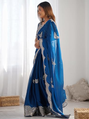 Image of Satrani Women's Tissue Silk Sequin Embroidery Scalloped Border Saree with Unstitched Blouse Piece