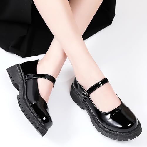 OKJ Platform Mary Janes for Women, Black Mary Jane Shoes Women Low Heels Patent Leather Comfortable Chunky Mary Janes for Women, Round Toe Dressy Casual Teens Kawaii Work Shoes4