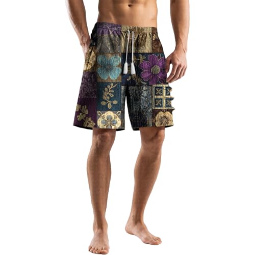 Men Shorts Trendy Loose Summer Casual Abstract Art Print Drawstring Elastic Waist Quick Dry Comfy Hawaiian Pants
