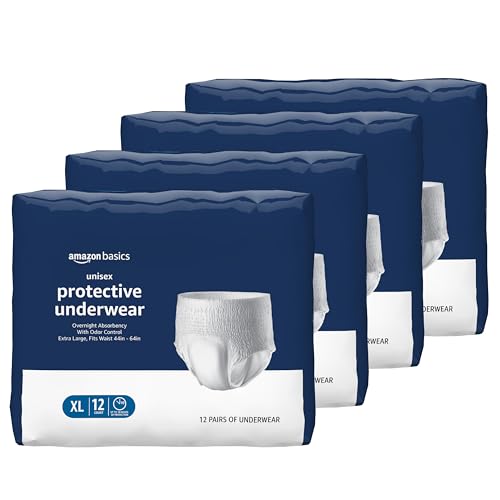 Amazon Basics Unisex Protective Underwear, Overnight Absorbency, Extra Large, 48 Count, (4 Packs of 12)
