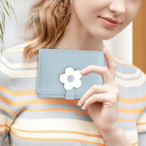 Cute 3D Flower Genuine Leather Wallet for Women Tri-fold Compact Design with ID Window Green (Blue)2