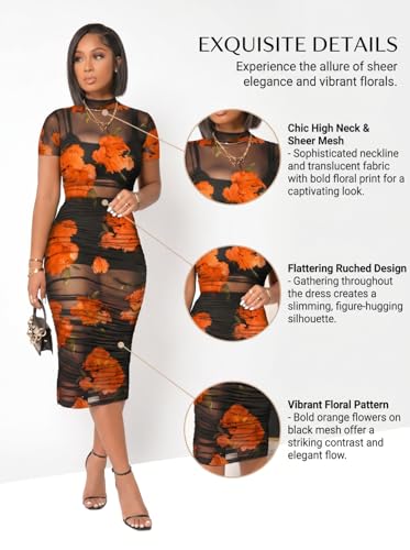 Image of Mojessy Sheer Dress for Women Sexy Short Sleeve Ruched Mesh Bodycon Dress Adjustable Strap Top Mini Skirt 3 Piece Outfits Set