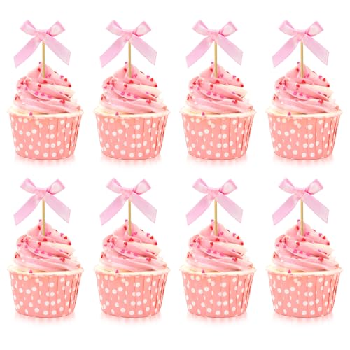 30 Pcs Pink Bow Cupcake Toppers Bow Themed Party Decorations Baby Shower Cupcake Picks for Bridal Baby Shower Girls Birthday Wedding Party Cake Decorations (pink)