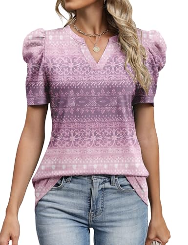 Image of LOMON Spring Summer Tops for Women 2026 V Neck Puff Short Sleeve Tops Fashion Trendy Work Blouses Dressy Casual S-XXL