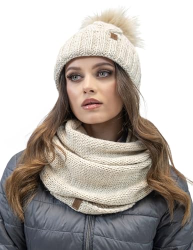 VIVISENCE Damen Bommelmütze Und Loop-Schal Mit Bommel Ideal Für Wintertage 7014, Hellbeige,Einheitsgröße