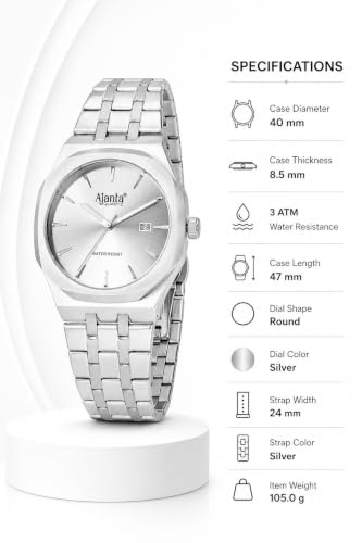 Image of Ajanta Quartz Vertex Dial Stainless Steel Date Display Watch for Men