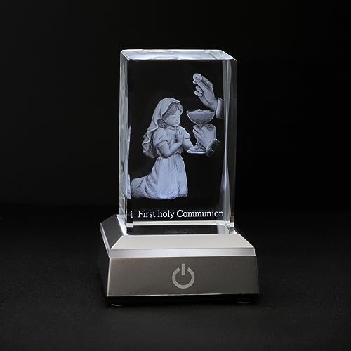 KOMI First Communion Gifts for Girls, 3D Crystal Statue with LED Light Base, Catholic Religious Gifts for Kids with Gifts Box, Night Light for Bedroom, Christian Catholic Home Decor