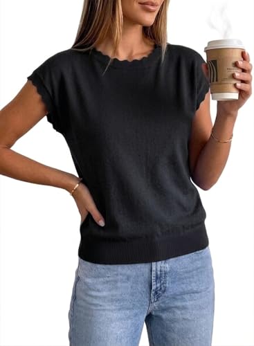 Jenisso Women Summer Sweater Cap Sleeve Lightweight Pullover Soft Knit Top with Scallop Wavy(Black,XL) — view 3