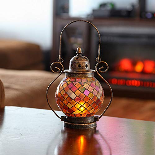 Lily's Home Decorative Candle Lanterns, Mosaic Glass And Wrought Iron Tea Light Candle Holder For Indoor Or Outdoor Hanging Lantern. Candle Not Included. Orange And Gold #TOP1