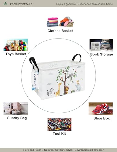 Image of Rectangular Tree Animals Laundry Storage Bin for Adults and Kids | Damp resistant canvas fabric, sturdy stitched carry handles, foldable design organizes closet and playroom daily supplies