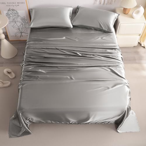 NTBAY Queen Satin Sheet Set, 4 Piece, Grey - image 3