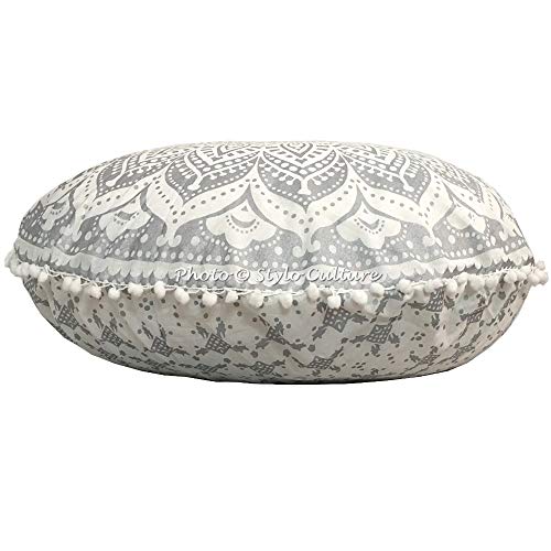 Stylo Culture Ethnisch Dekorativ Rund Bodenkissenbezug 80x80 cm Groß Sitzsack Kissen Mandala Silber Boho Pom Pom Spitze… – Bild 3