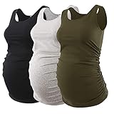 Ecavus 3PCS Womens Layering Maternity Tank Top Pregnancy Shirt Scoop Neck Sleeveless Ruched Vest (M,