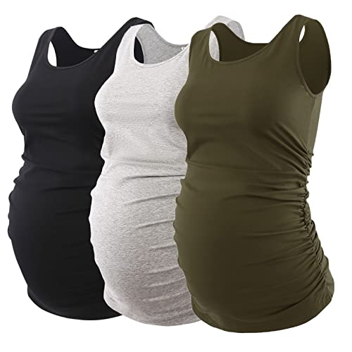 Ecavus 3Pcs Womens Layering Maternity Tank Top Pregnancy Shirt Scoop Neck Sleeveless Ruched Vest (L, Black/Grey/Army Green) #TOP10