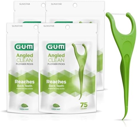 GUM Angled Floss Picks, Perfect for Tight Teeth, Extra Strong Shred-Resistant Dental Floss, Angled for Easy Reach, Dental Flossers for Adults, Fresh Mint Flavor, 75ct (4pk)