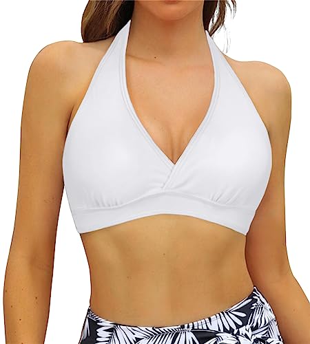 Balasami Women's Supportive Halter Bikini Padded Push Up Ruched Bust Hook Back Swimsuit Bathing Suit Tops Only White #TOP1