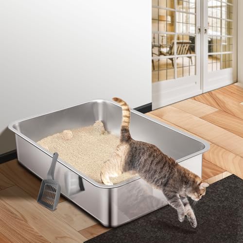 Extra Large Stainless Steel Cat Litter Box, Metal Litter Box with Non-Stick Surface, Heavy Duty Cat Box for Big Cats and Rabbits (Included 35”L x 23”W Litter Mat) - Thumbnail 7