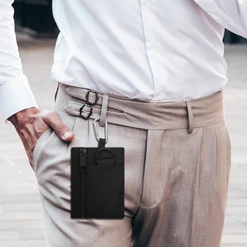 AdiStylinno Mini Geldbörse für Herren Damen, Canvas Münzbörse Nylon Taktische Klein Geldbeutel mit Reißverschluss, Mini Kleingeldbörse Portemonnaie mit Schlüsselring und Karabiner (Schwarz)