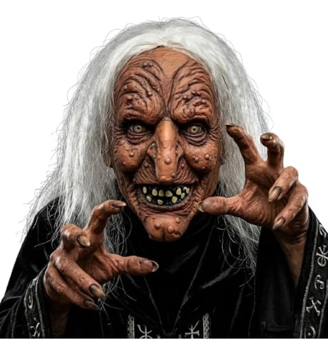 x-merry toy Scary Old Witch Mask with White Hair Realistic Women Latex Creepy Hag Face Masks for Adult Lady Halloween Cosplay Full Head Cover Props