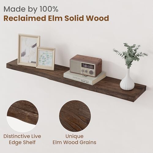 Image of Floating Shelves for Wall Decor, Rustic Solid Elm Wood Live Edge Floating Shelves Wall Mounted, Wall Shelves with Invisible Bracket for Living Room Bathroom Bedroom Kitchen, 40 Inch Set of 1, Walnut
