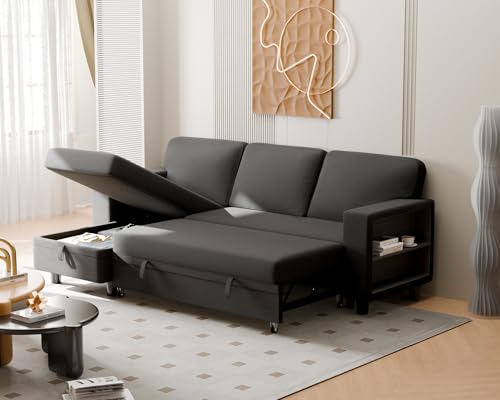 JUMMICO 80″ Sleeper Sofa Bed, L Shaped Sectional Convertible Couch with Storage Chaise, USB Charging Ports & 2 Built-in Bookshelves, Pull Out Couch for Living Room (Fabric, Grey)