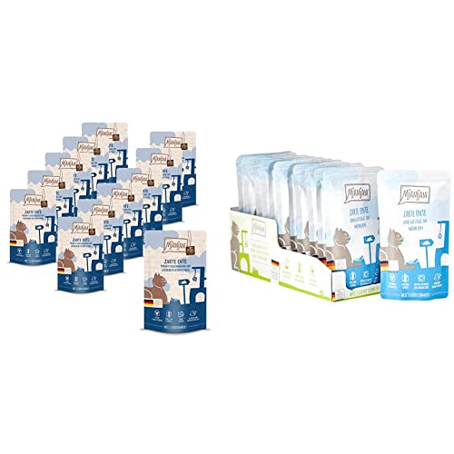 MjAMjAM - Premium Nassfutter für Katzen zarte Ente pur, 12er Pack (12 x 125 g), getreidefrei mit extra viel Fleisch & Premium Nassfutter für Katzen Ente & Möhrchen, 12er Pack (12 x 125 g)