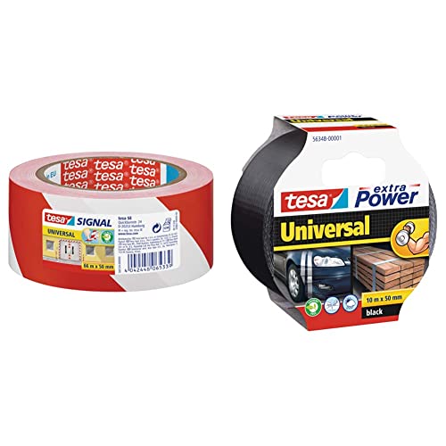 Cinta De Se?Alizaci?N Temporal Pp Adhesiva Rojoblanco - Tesa En Oferta Tesa Cinta Adhesiva De Señalización Temporal, Color Rojo/Blanco &Amp; Extra Power Universal, Cinta Adhesiva Americana Reforzada Para Reparar, Fijar, Agrupar, Reforzar O Sellar, Negra, 10 M X 50 Mm