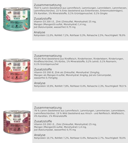 MAC’s Dog 12 x 200g Mix | Garantierte 6 Sorten | Hoher Fleischanteil 90% | Getreidefreies Nassfutter für Hunde | Ohne Zucker & Soja | In der Eifel hergestellt | Praktische 200g Dose